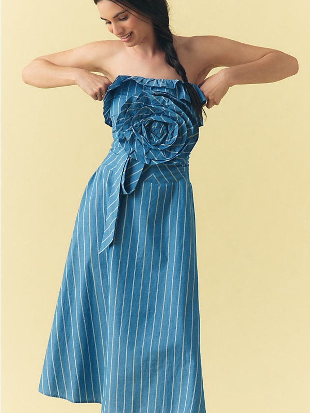 Anthropologie Blue Strapless Rosette Maxi Dress